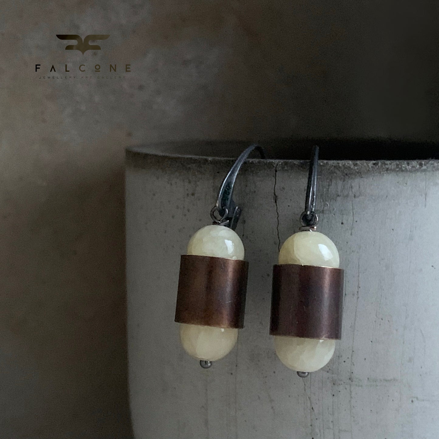 Jade, Brass and Sterling Silver Earrings 'Pastel Yellow & Velvet Brown'