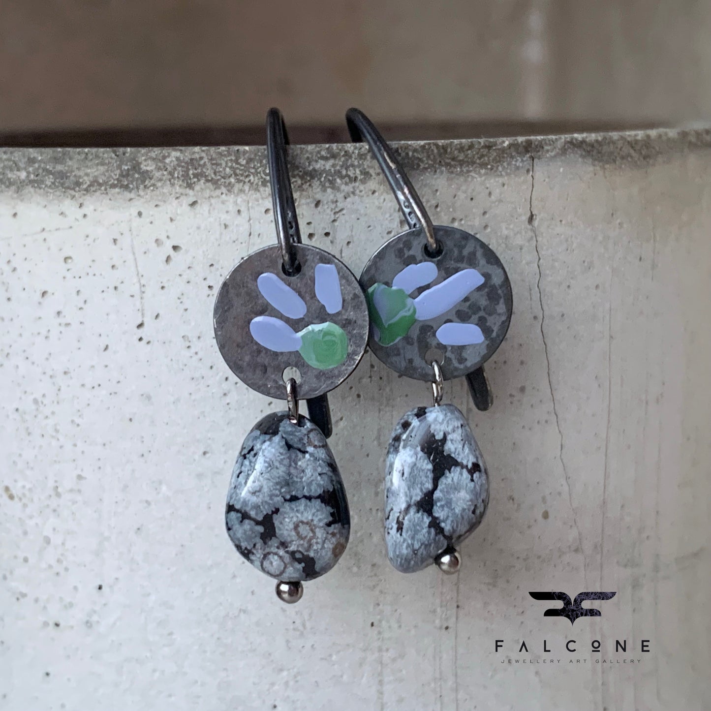 Earrings in silver and obsidian, with hand-enameled flowers 'Dalmatians on the Heath'