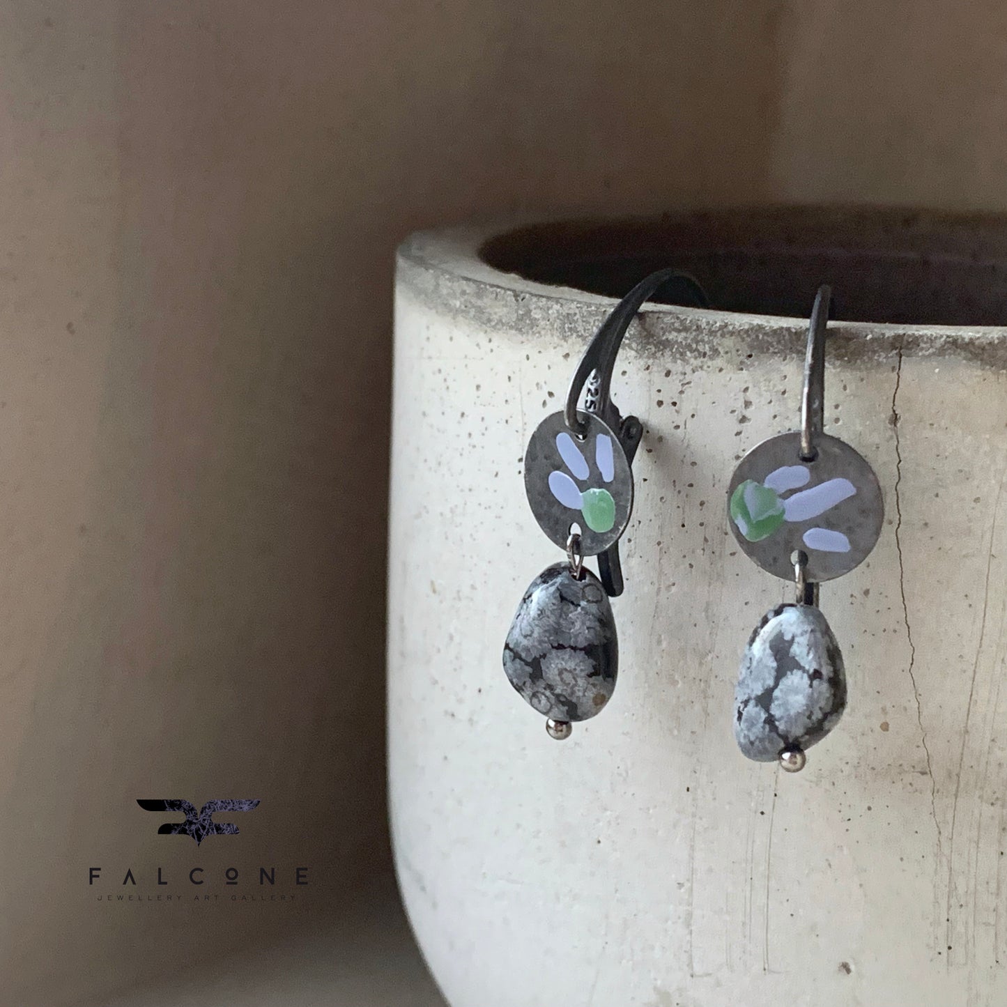 Earrings in silver and obsidian, with hand-enameled flowers 'Dalmatians on the Heath'