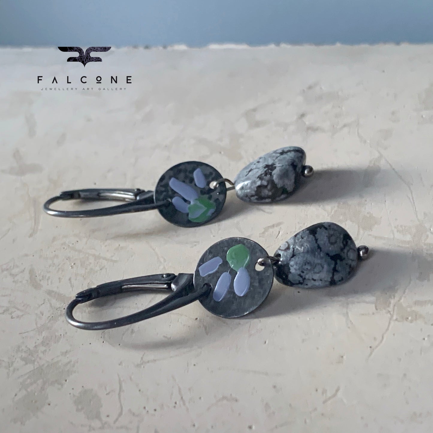 Earrings in silver and obsidian, with hand-enameled flowers 'Dalmatians on the Heath'