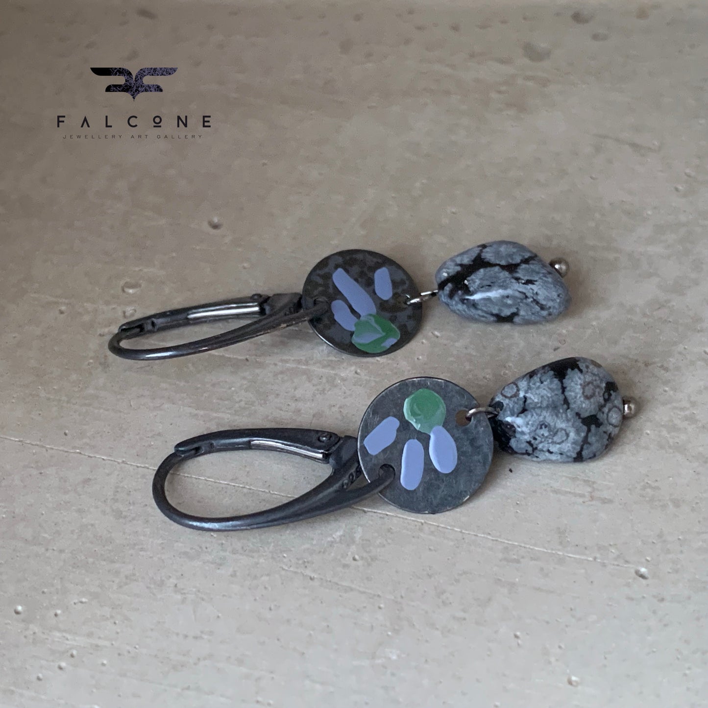 Earrings in silver and obsidian, with hand-enameled flowers 'Dalmatians on the Heath'