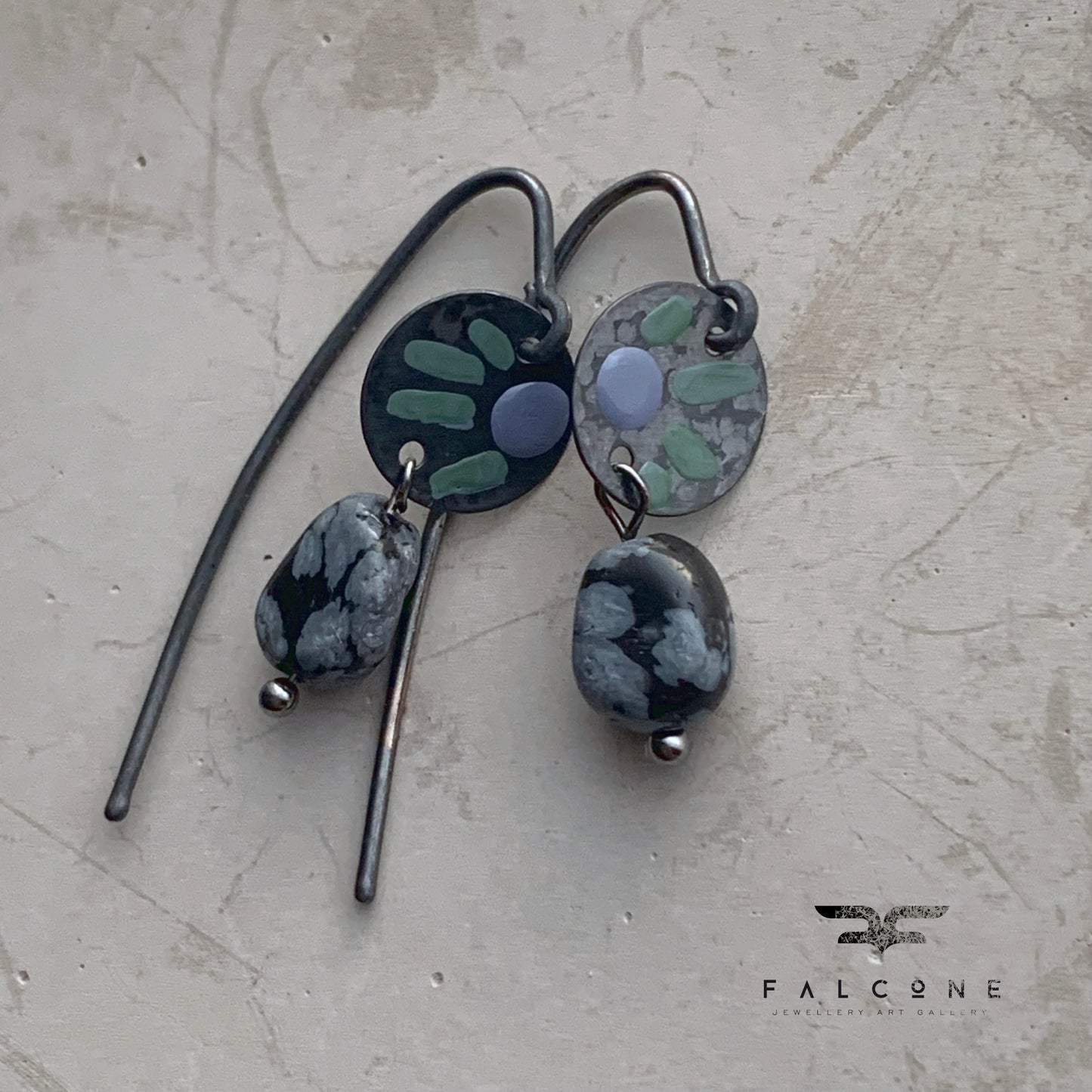 Silver earrings with obsidians 'Dalmatians in Negative - heather and green'