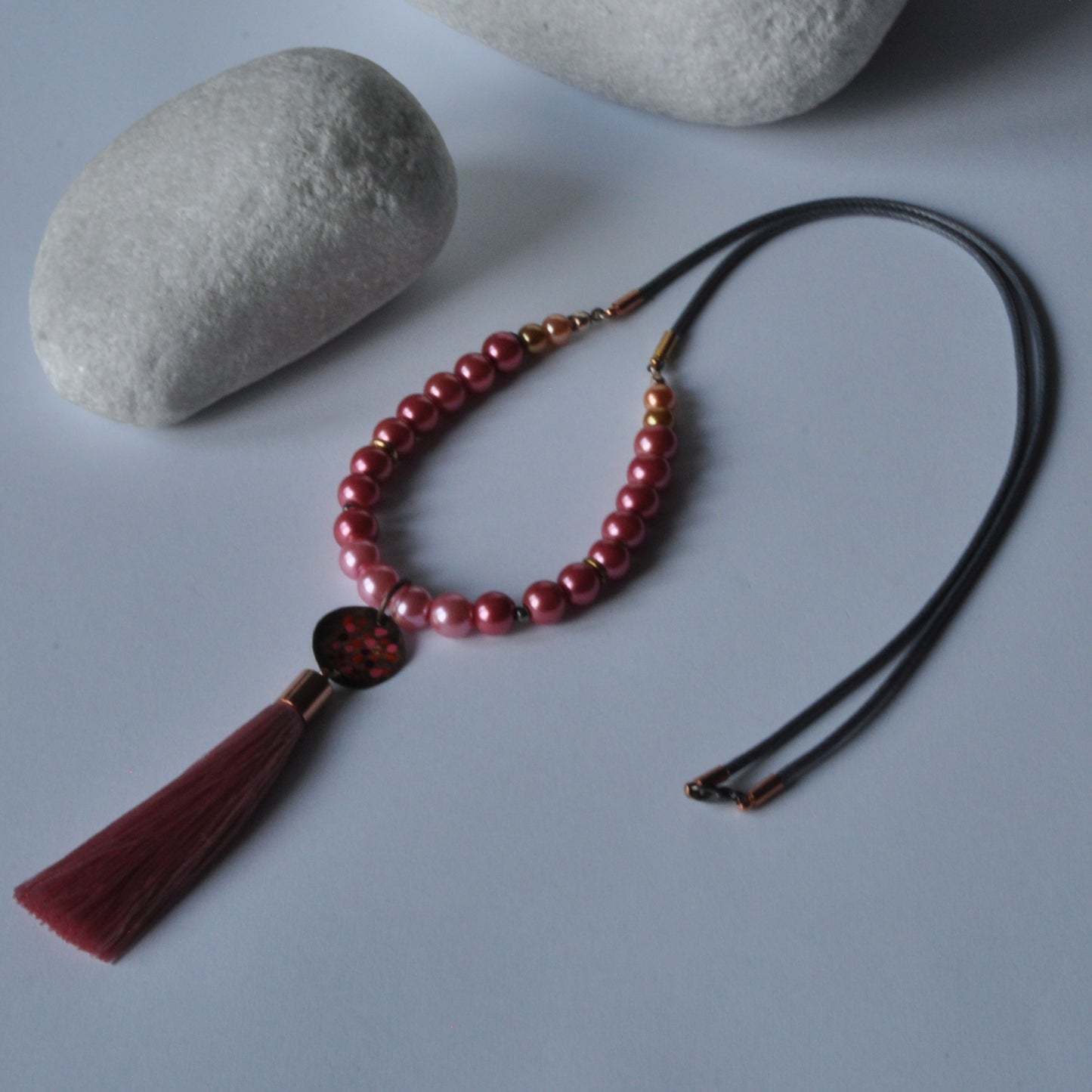 Long necklace with glass pearls and forged and enameled copper pendant 'Powder Pink with Tassel'