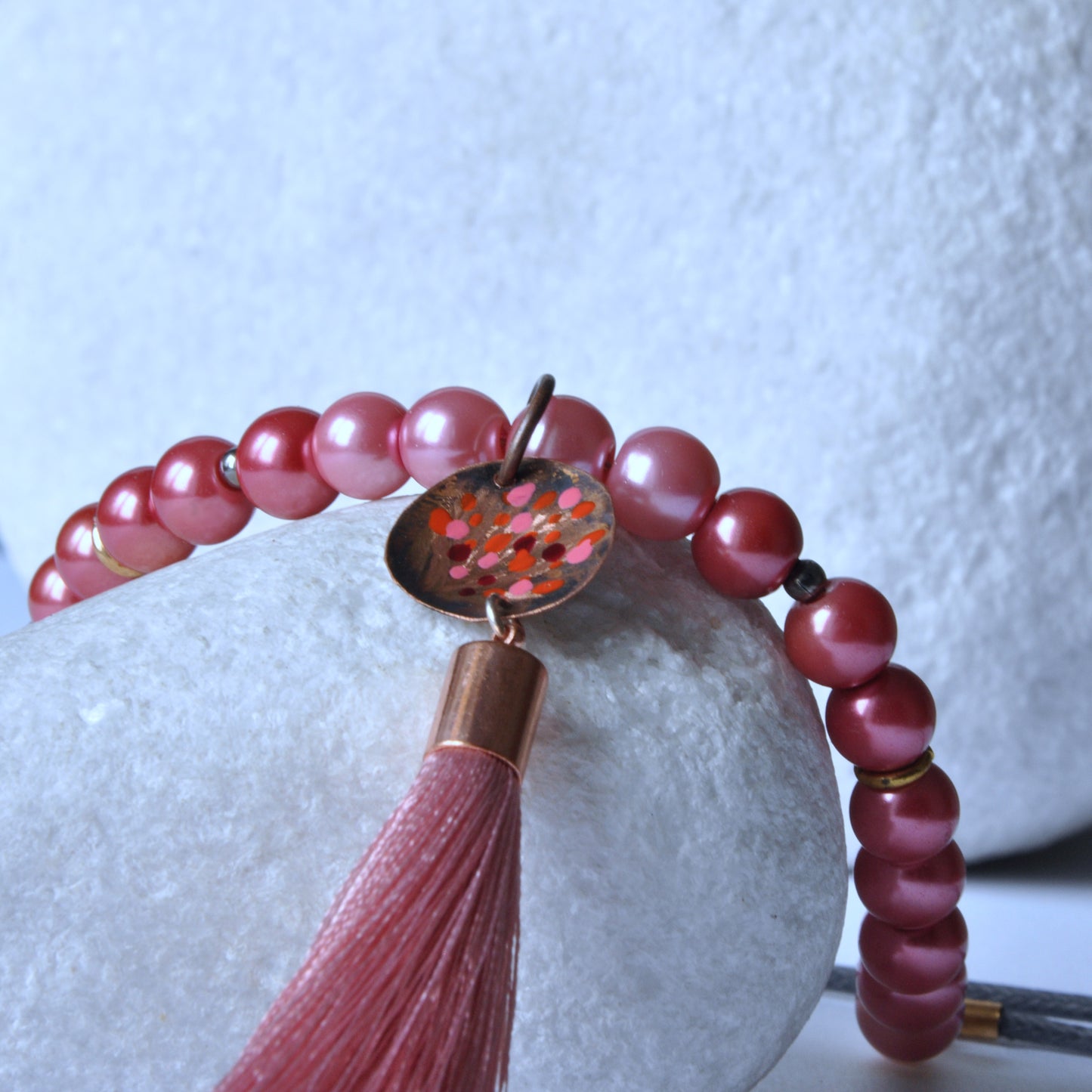 Long necklace with glass pearls and forged and enameled copper pendant 'Powder Pink with Tassel'