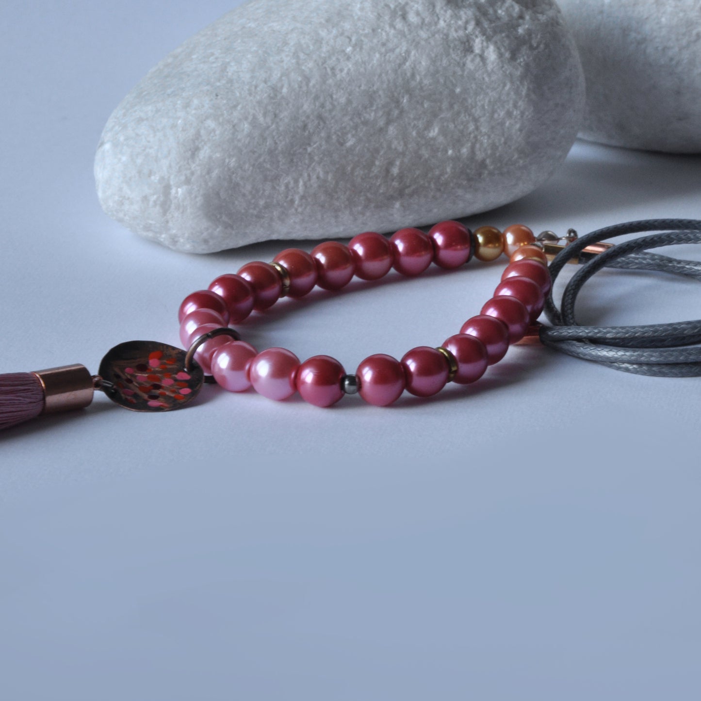 Long necklace with glass pearls and forged and enameled copper pendant 'Powder Pink with Tassel'