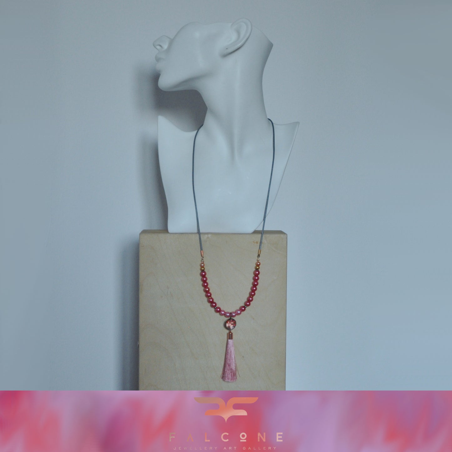 Long necklace with glass pearls and forged and enameled copper pendant 'Powder Pink with Tassel'