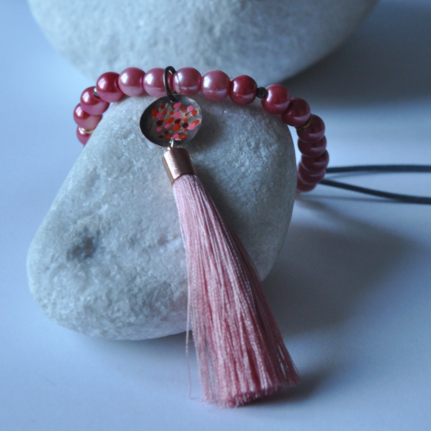 Long necklace with glass pearls and forged and enameled copper pendant 'Powder Pink with Tassel'