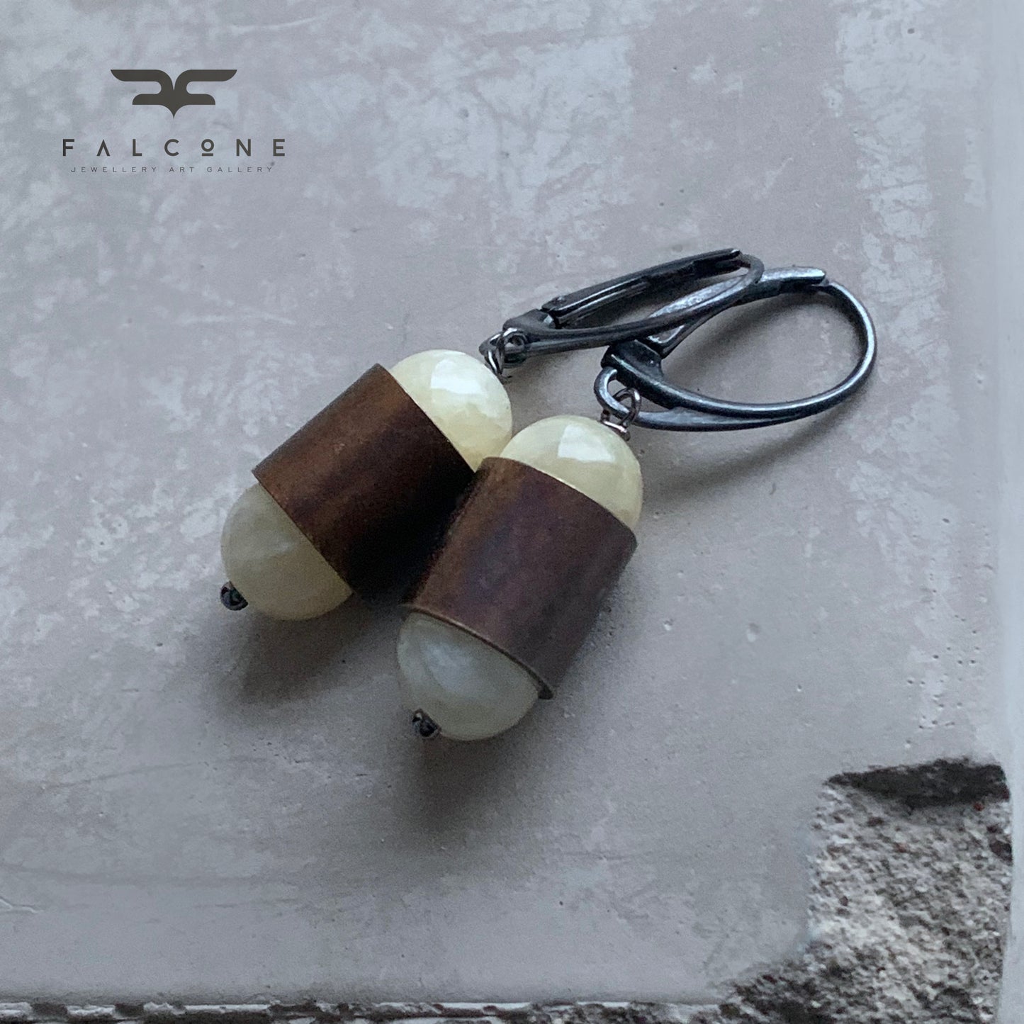 Jade, Brass and Sterling Silver Earrings 'Pastel Yellow & Velvet Brown'