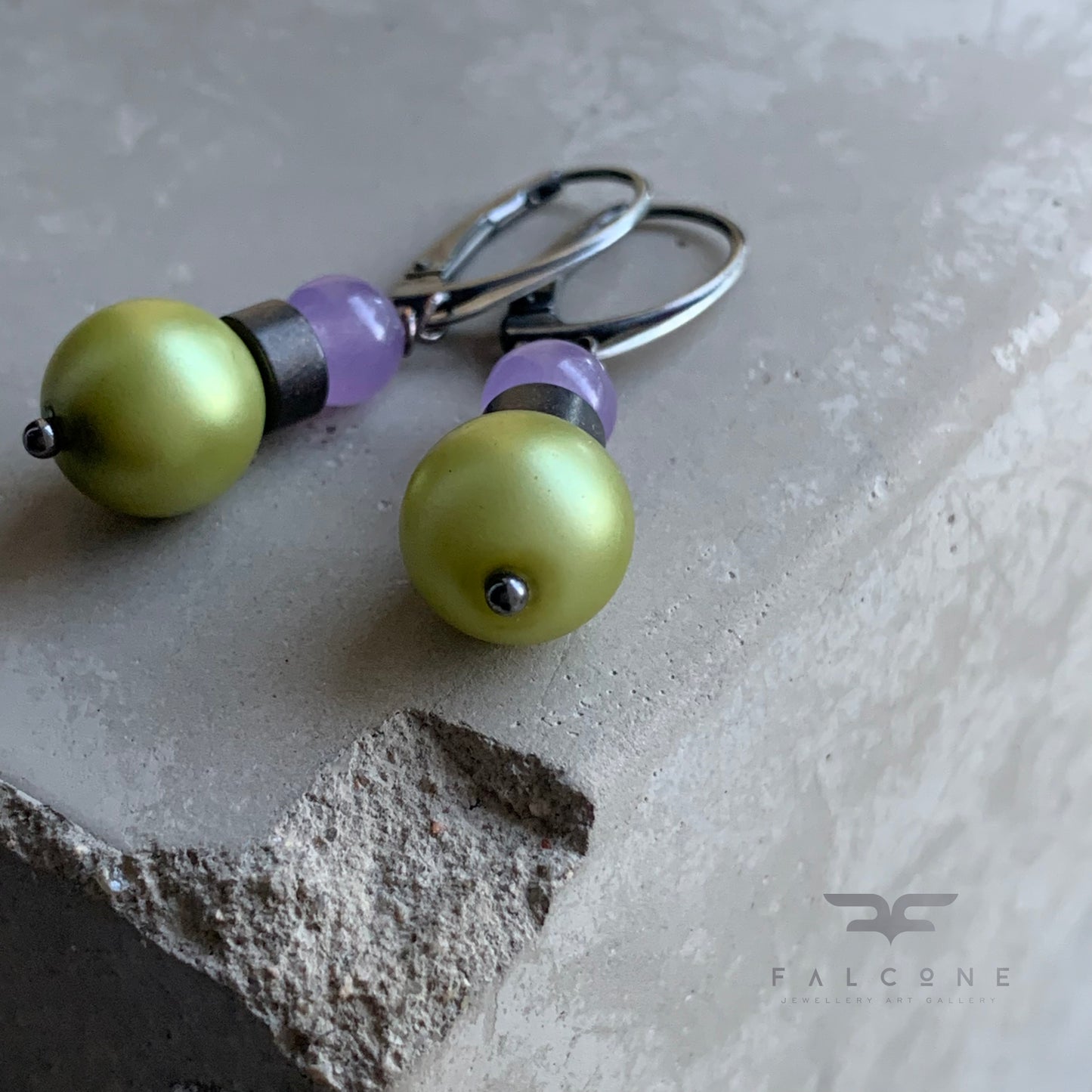 Jade, Glass, Brass and Sterling Silver Earrings 'Lavender & Pistachio'