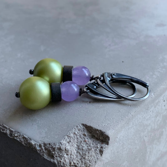Jade, Glass, Brass and Sterling Silver Earrings 'Lavender & Pistachio'