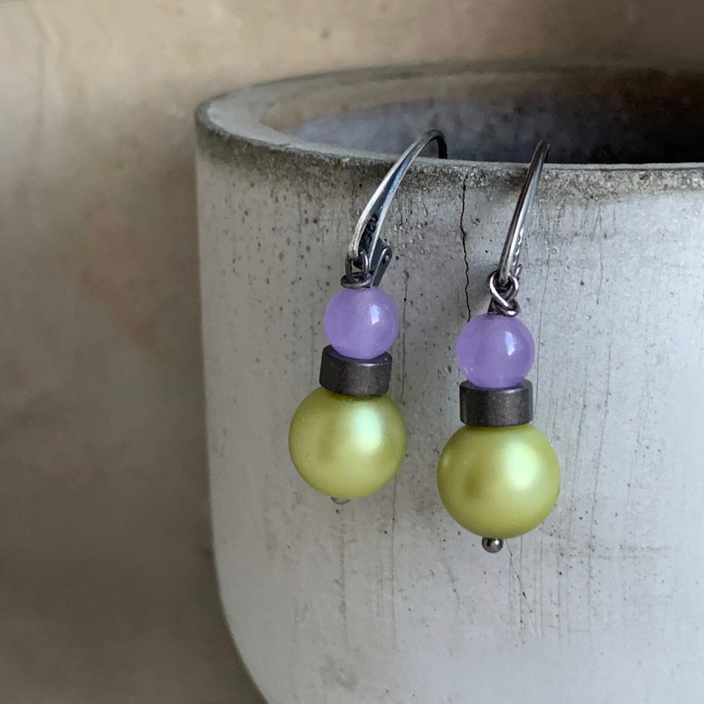 Jade, Glass, Brass and Sterling Silver Earrings 'Lavender & Pistachio'