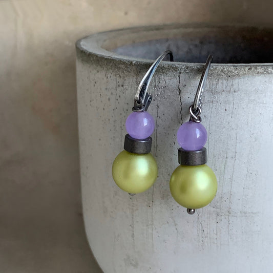 Jade, Glass, Brass and Sterling Silver Earrings 'Lavender & Pistachio'