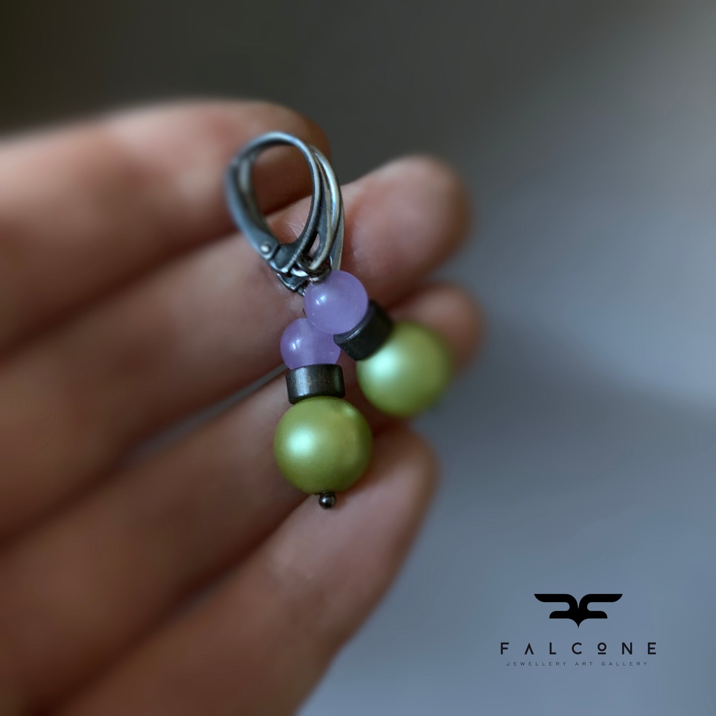 Jade, Glass, Brass and Sterling Silver Earrings 'Lavender & Pistachio'
