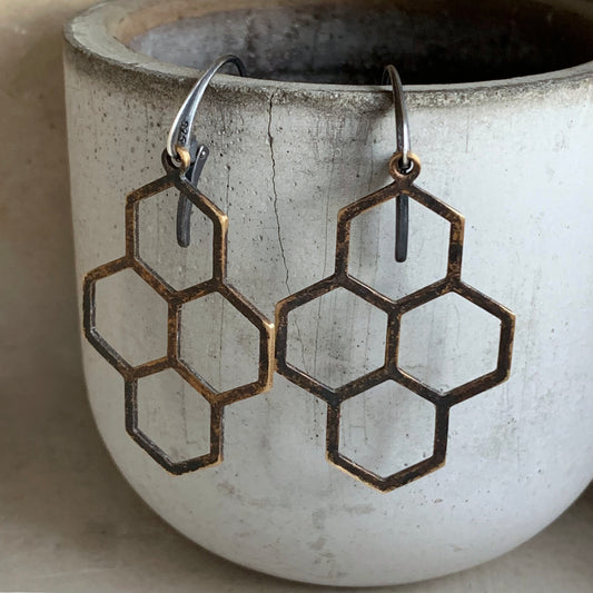 Brass and Sterling Silver Earrings 'Honeycombs'