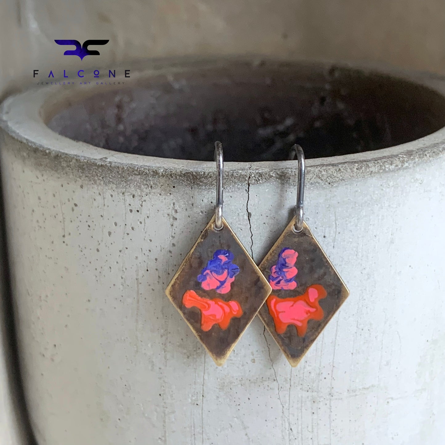 Geometric earrings with brass & silver 'Little Flowers - Violet and Orange with Pink'