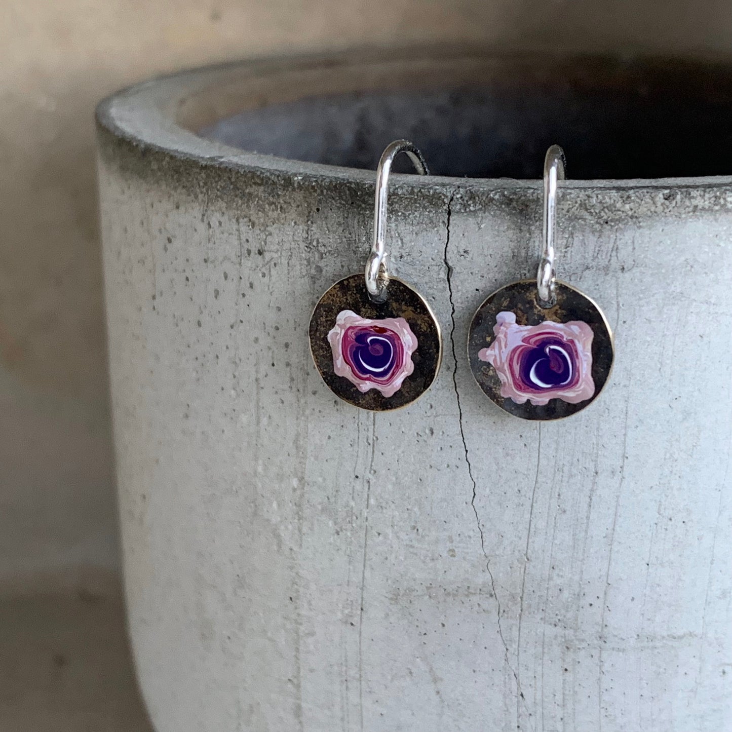 Brass and Sterling Silver Earrings 'Field Flowers - Rose with White & Purple'