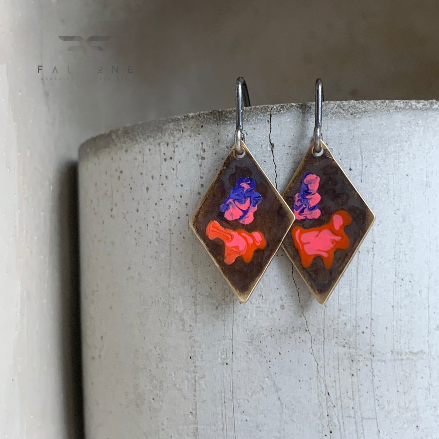 Geometric earrings with brass & silver 'Little Flowers - Violet and Orange with Pink'