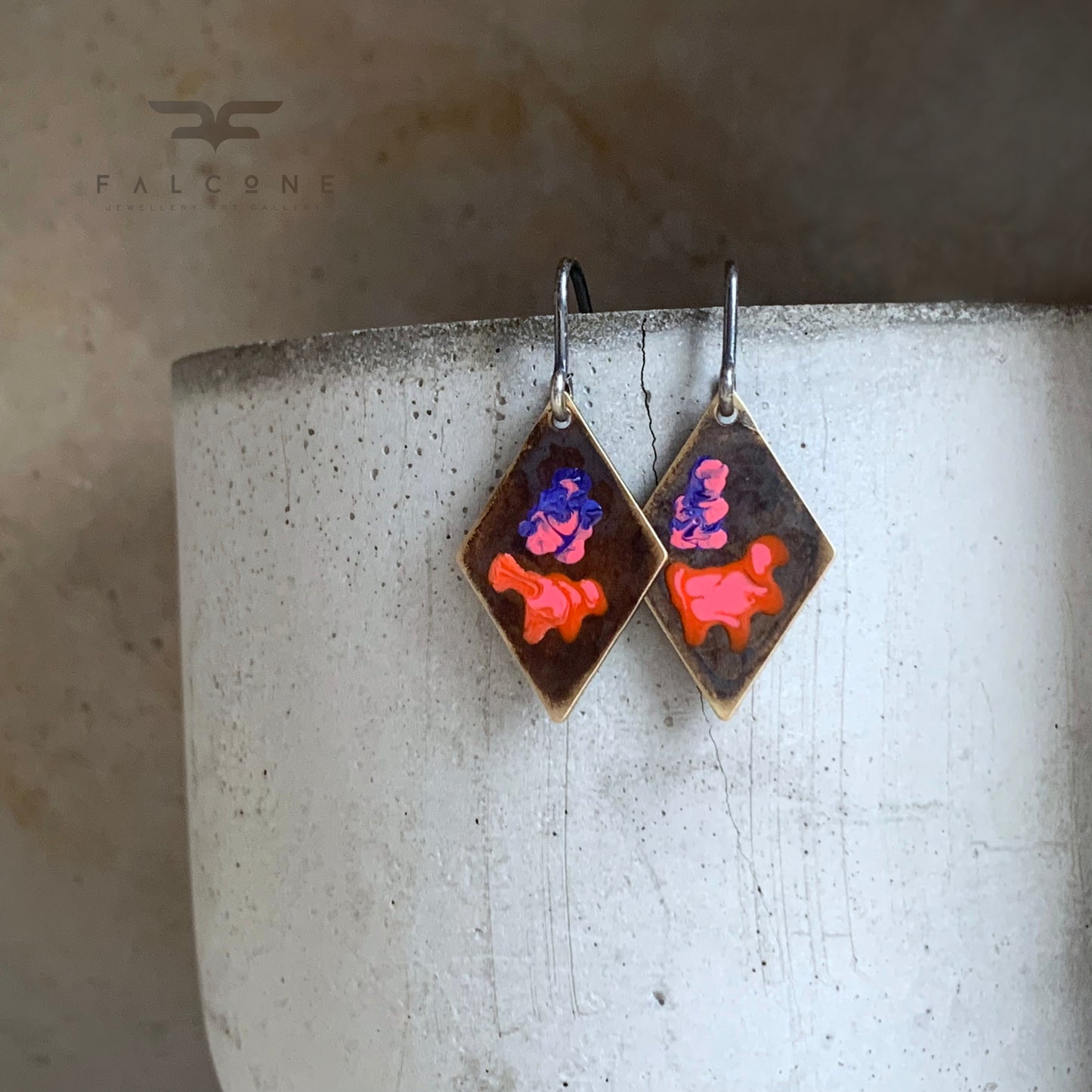 Geometric earrings with brass & silver 'Little Flowers - Violet and Orange with Pink'