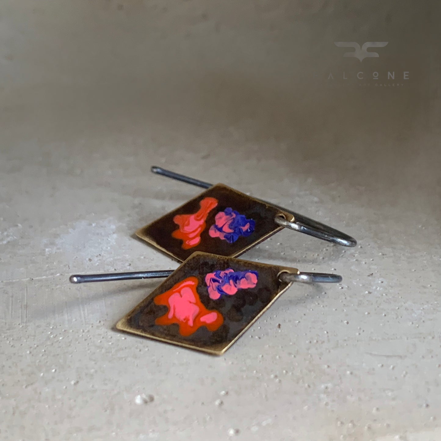 Geometric earrings with brass & silver 'Little Flowers - Violet and Orange with Pink'