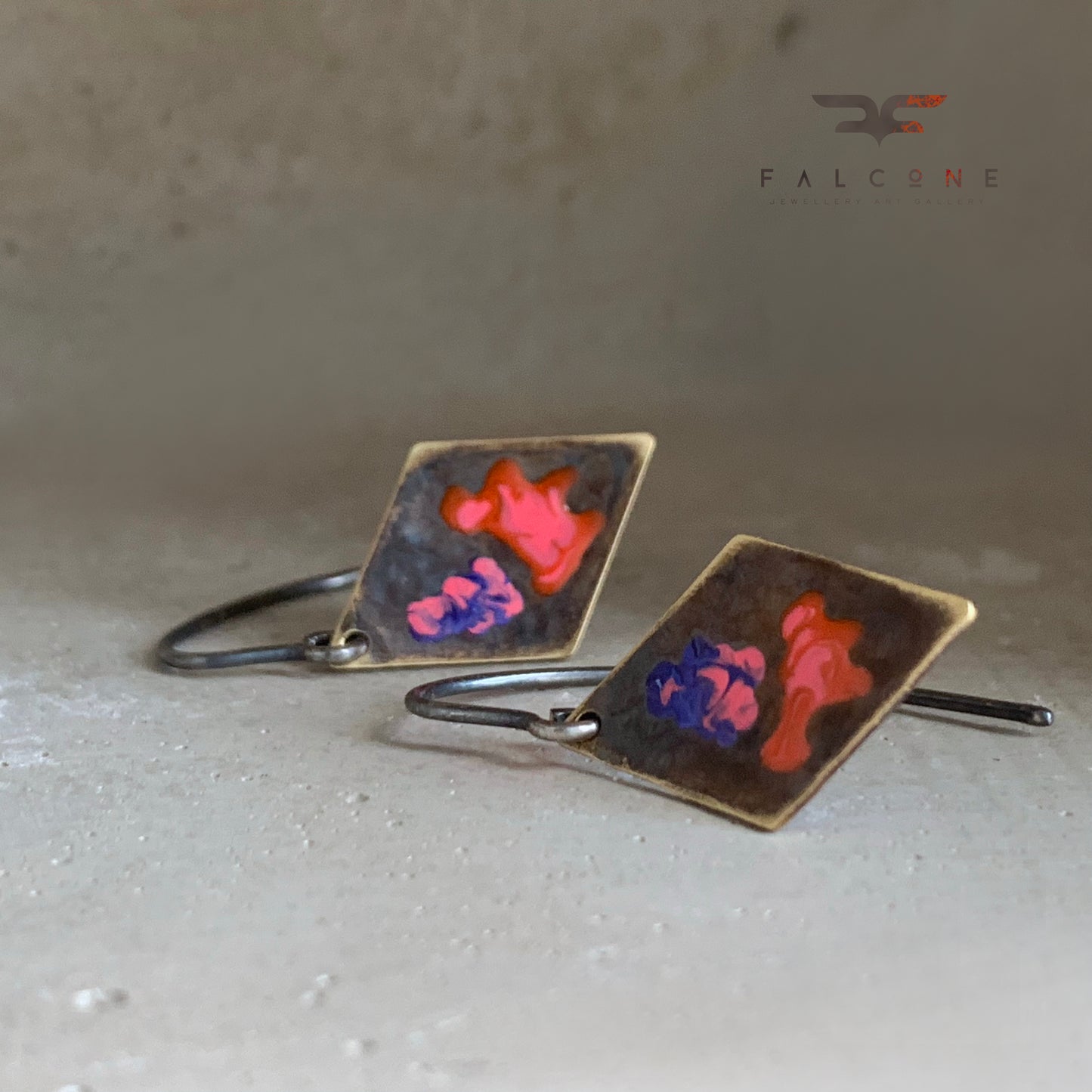 Geometric earrings with brass & silver 'Little Flowers - Violet and Orange with Pink'