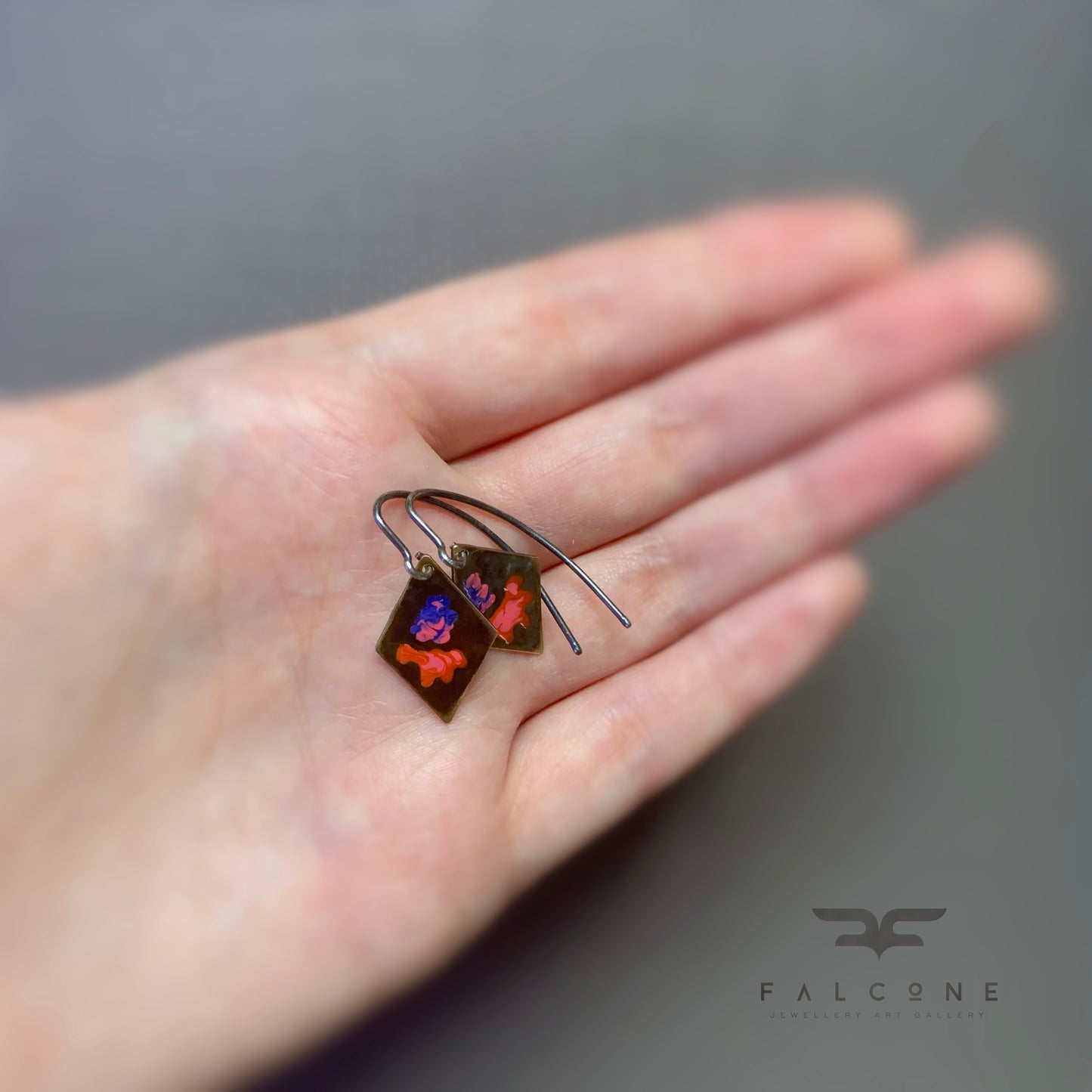 Geometric earrings with brass & silver 'Little Flowers - Violet and Orange with Pink'