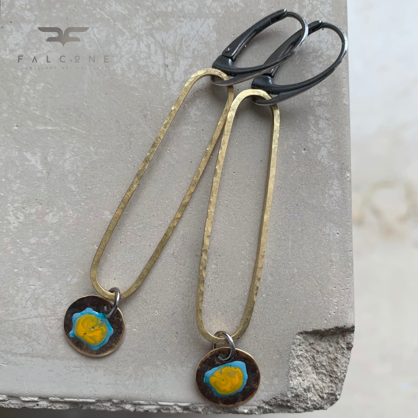 Pendientes de latón y plata de ley 'Flores silvestres - turquesa y ocre en dorado'