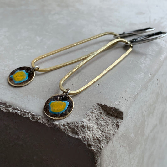Brass and Sterling Silver Earrings 'Wildflowers - Turquoise and Ochre in Gold'