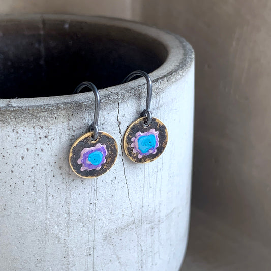 Brass and Sterling Silver Earrings 'Wildflowers - Blue & Heather'