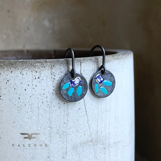 Enamelled Silver Earrings 'Field Flowers – Navy Blue With Milk & Turquoise'