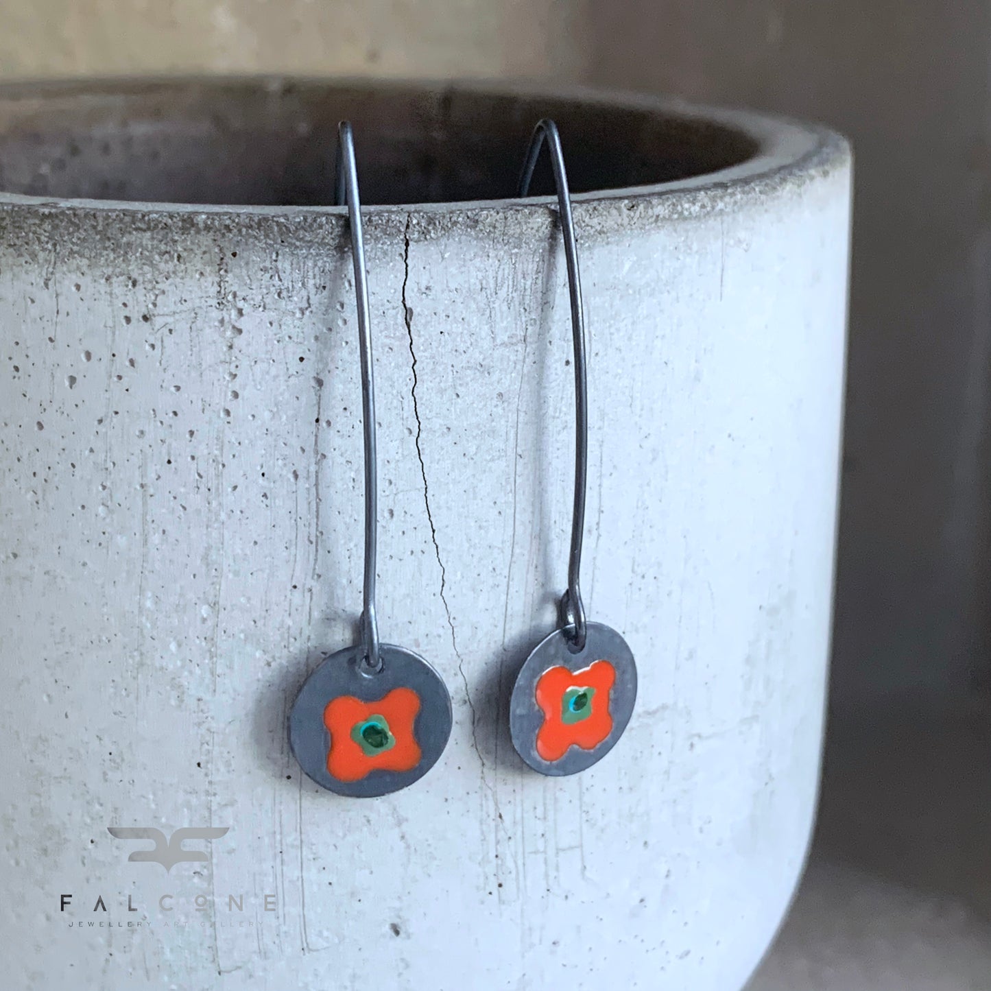 Enamelled Silver Earrings 'Wildflowers - Red & Green'