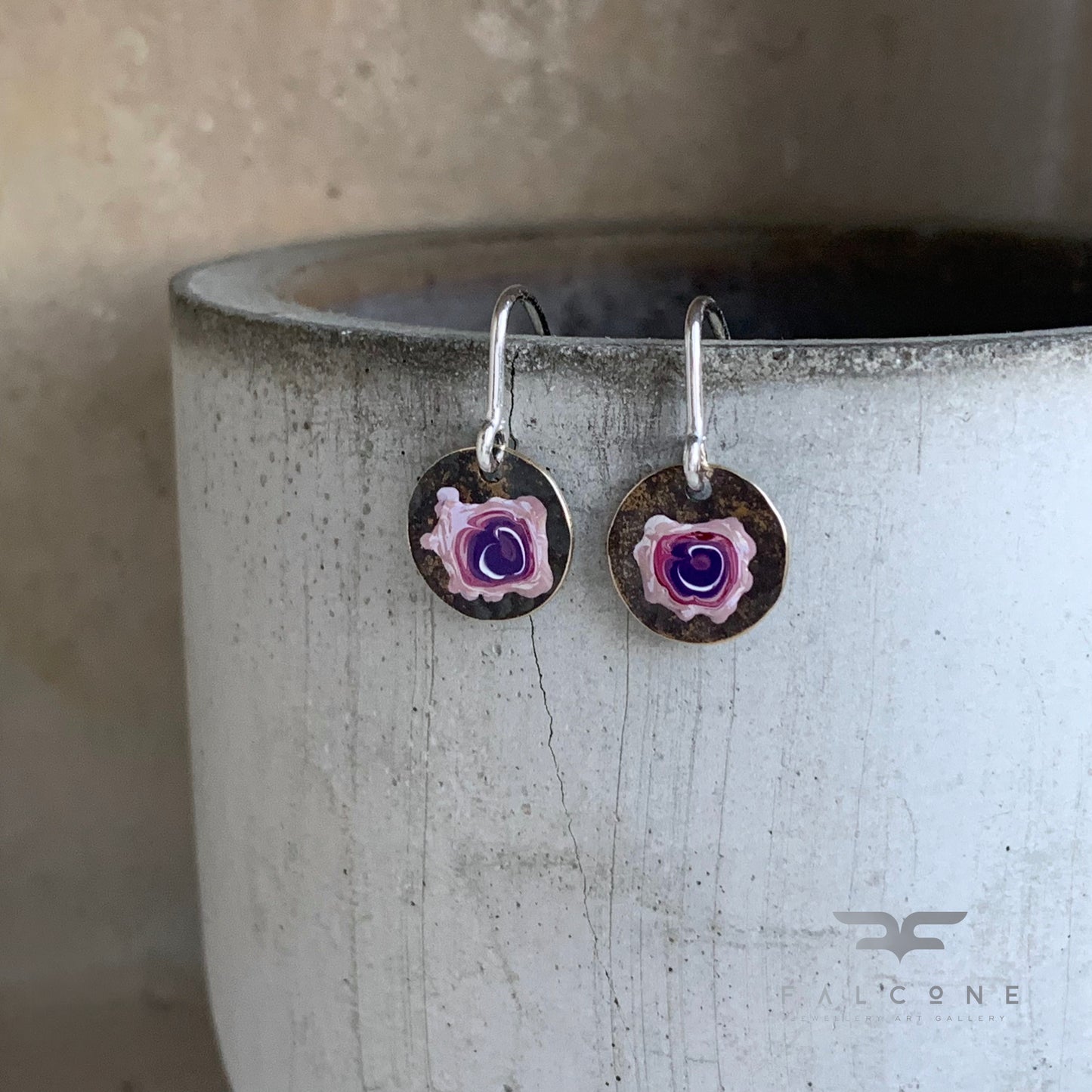 Brass and Sterling Silver Earrings 'Field Flowers - Rose with White & Purple'