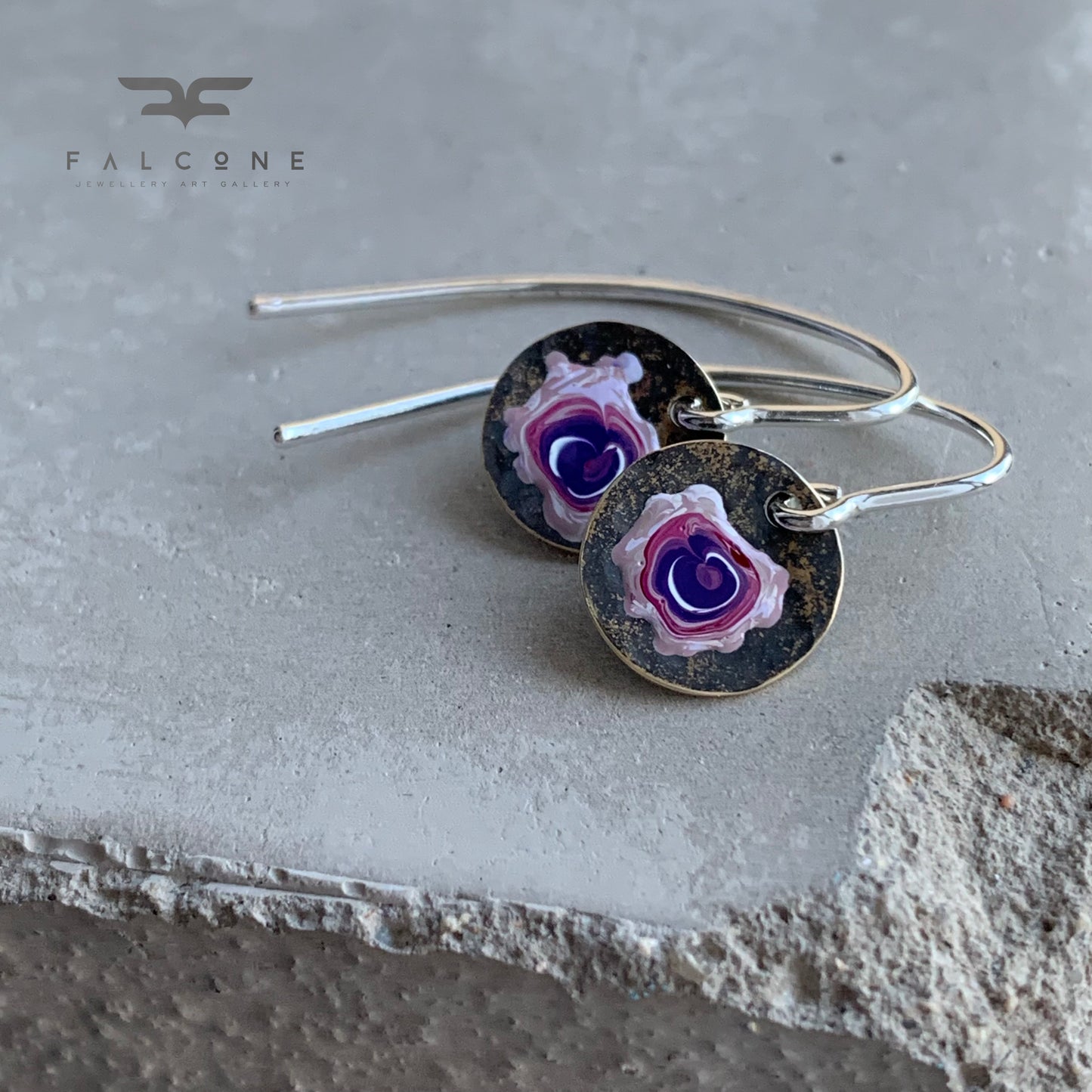 Brass and Sterling Silver Earrings 'Field Flowers - Rose with White & Purple'
