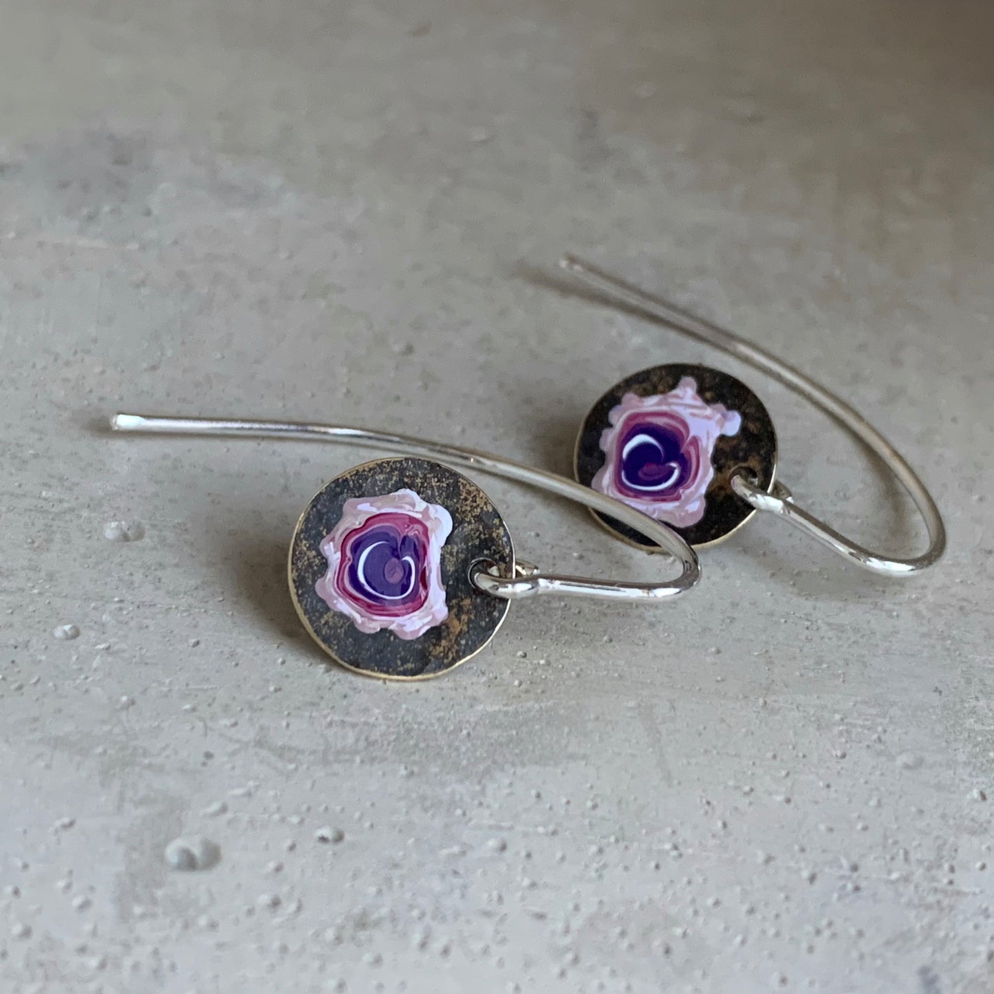 Brass and Sterling Silver Earrings 'Field Flowers - Rose with White & Purple'