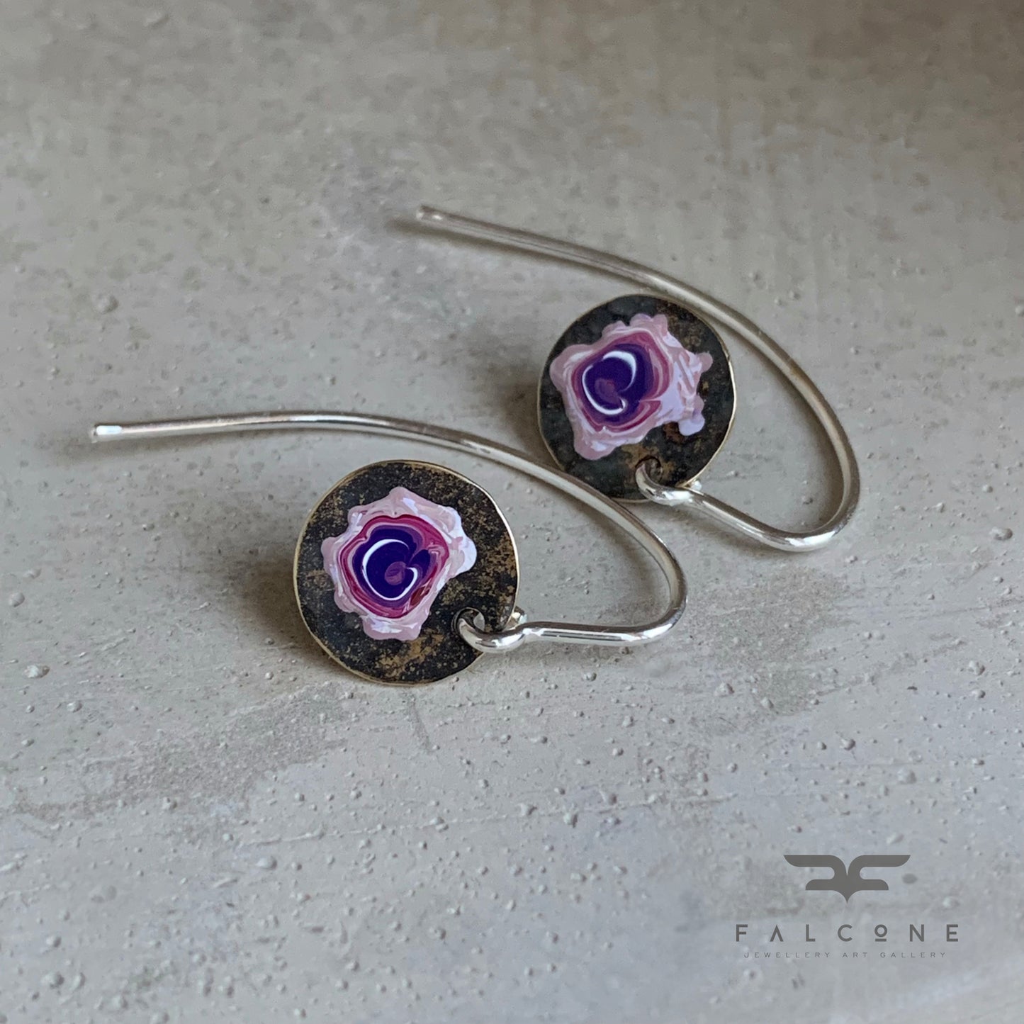 Brass and Sterling Silver Earrings 'Field Flowers - Rose with White & Purple'