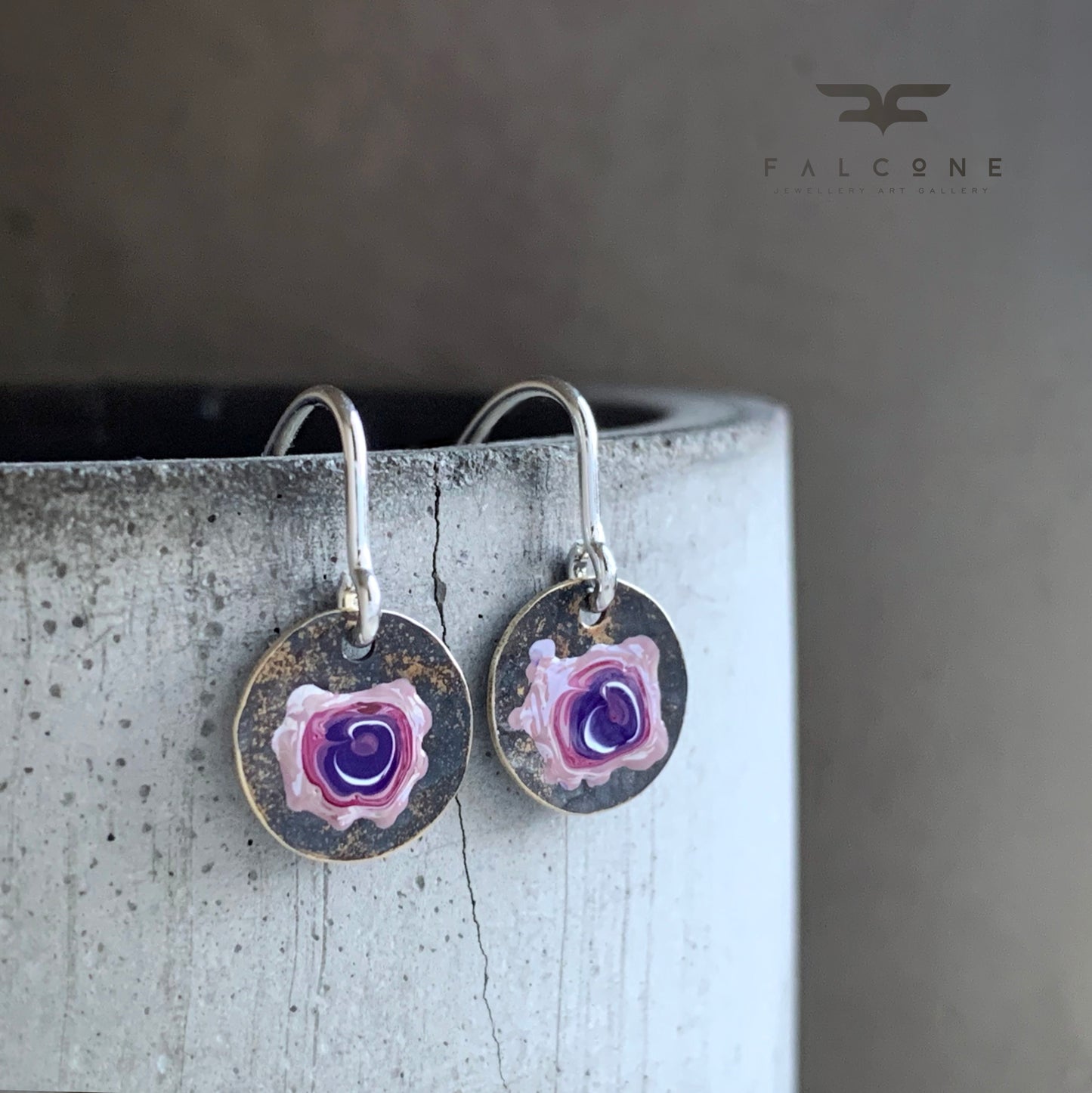 Brass and Sterling Silver Earrings 'Field Flowers - Rose with White & Purple'