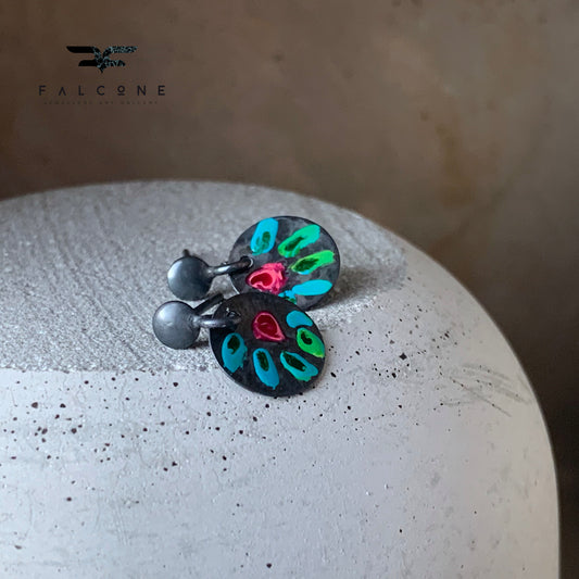 Petite silver earrings with enamel flower 'Field Flowers - Turquoise and Maroon'