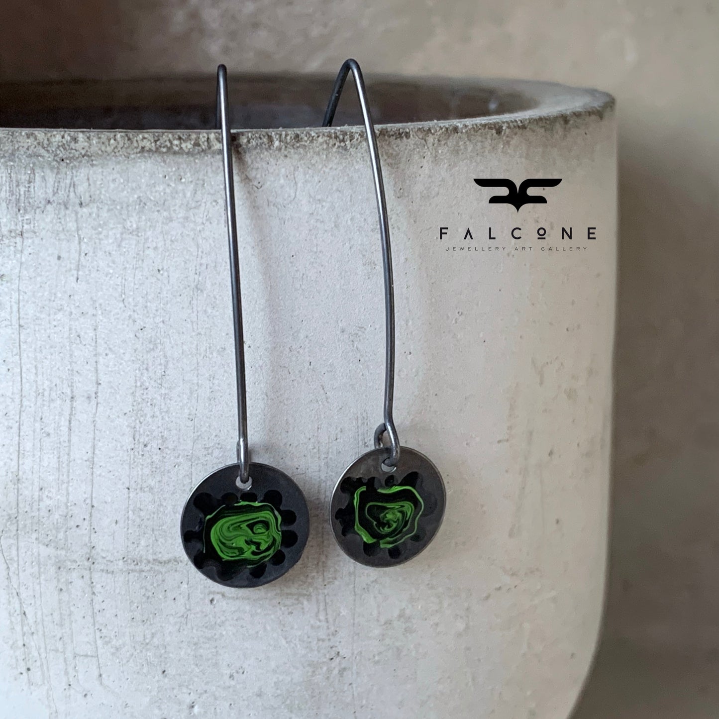 Silver Enamel Earrings 'Wildflowers - Black & Forest Green'