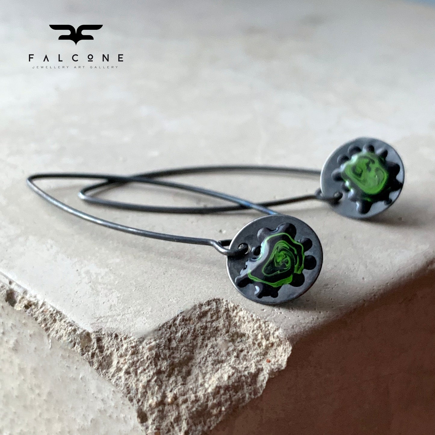 Silver Enamel Earrings 'Wildflowers - Black & Forest Green'