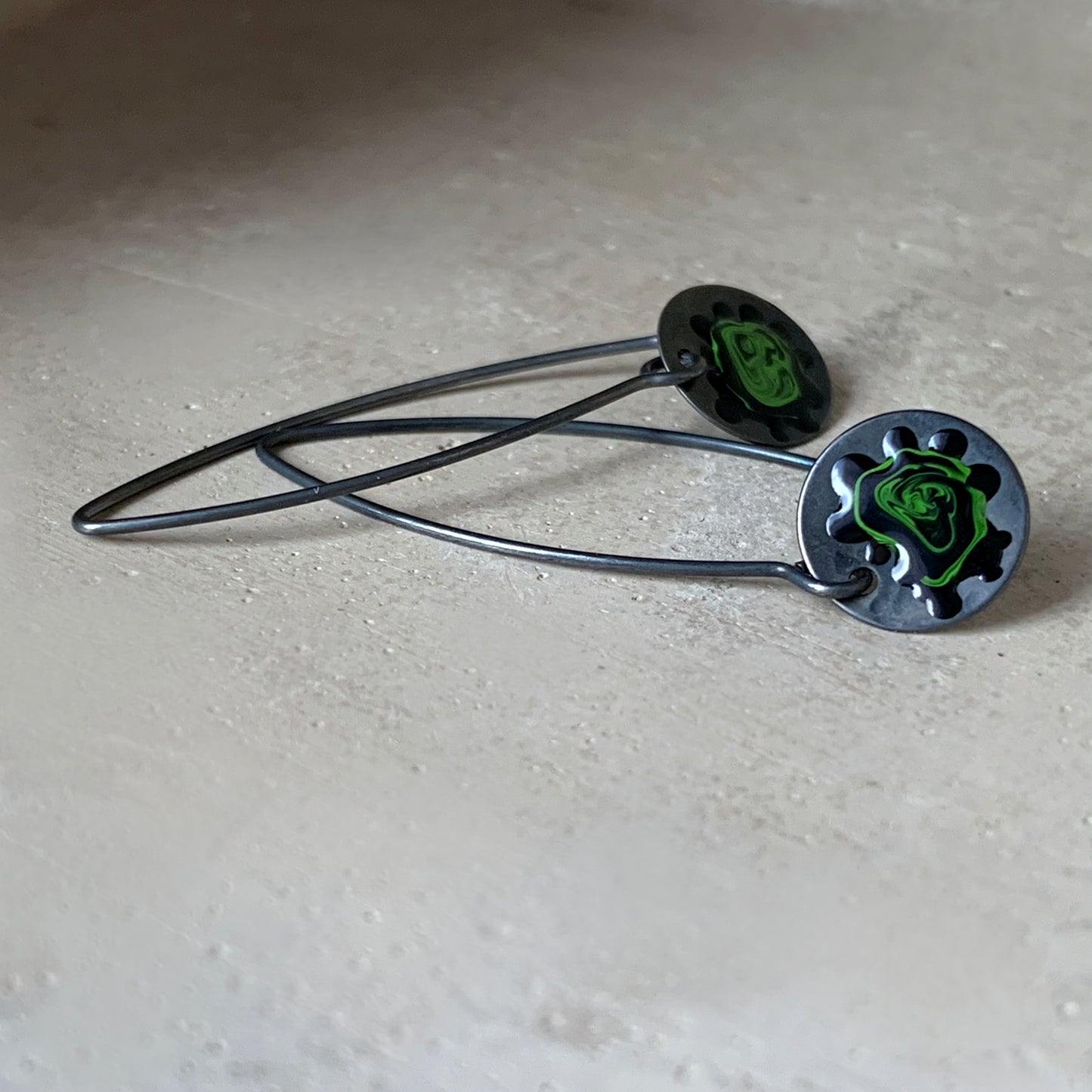 Silver Enamel Earrings 'Wildflowers - Black & Forest Green'