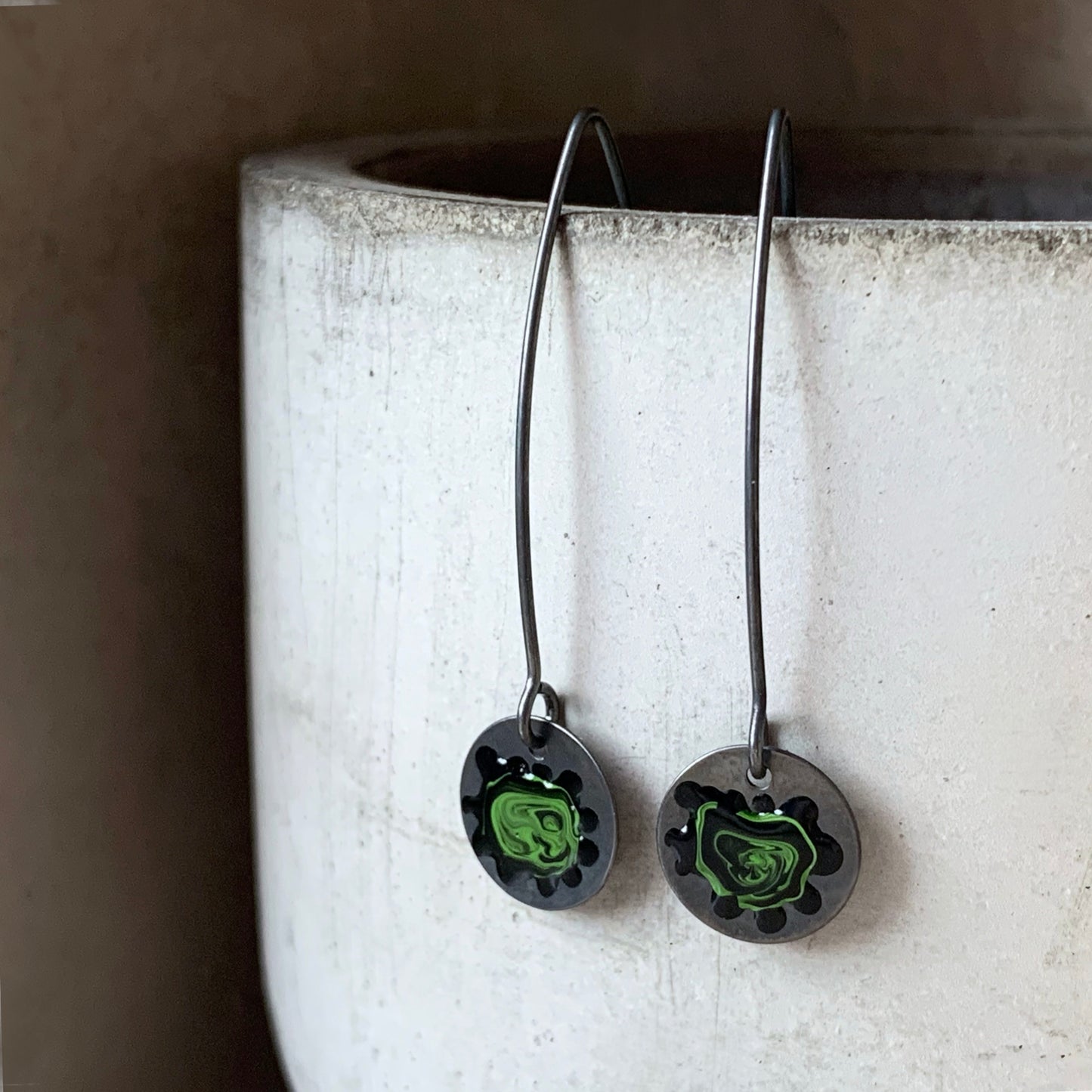 Silver Enamel Earrings 'Wildflowers - Black & Forest Green'