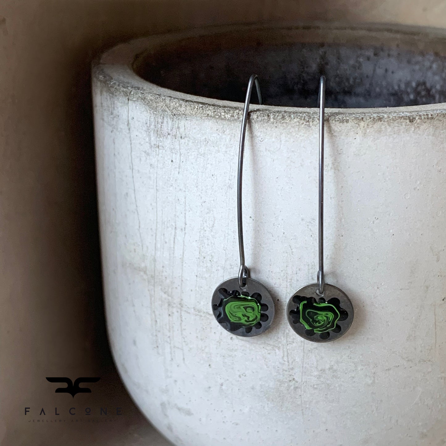 Silver Enamel Earrings 'Wildflowers - Black & Forest Green'