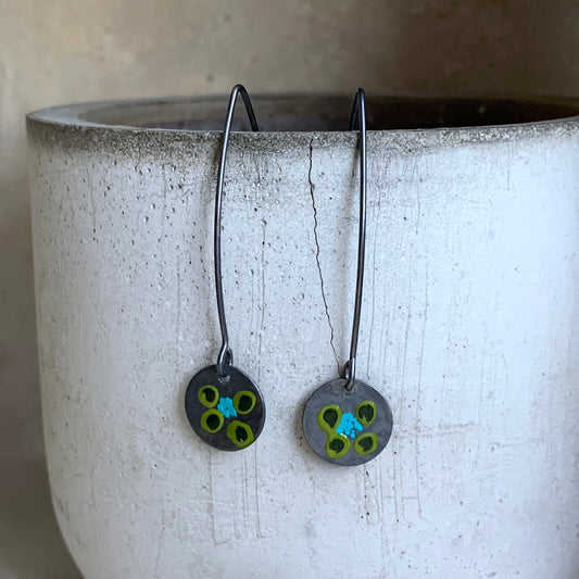 Enamelled Sterling Silver Earrings 'Field Flowers - Green & Turquoise'
