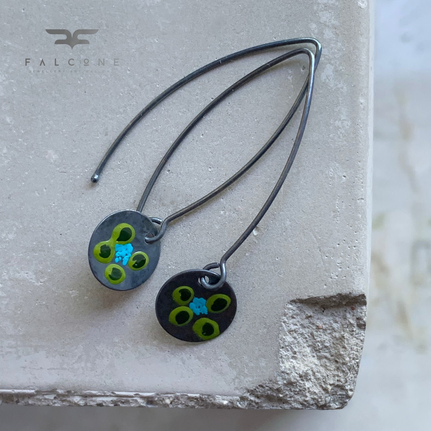 Pendientes de plata de ley con esmalte 'Flores silvestres - verde y turquesa'