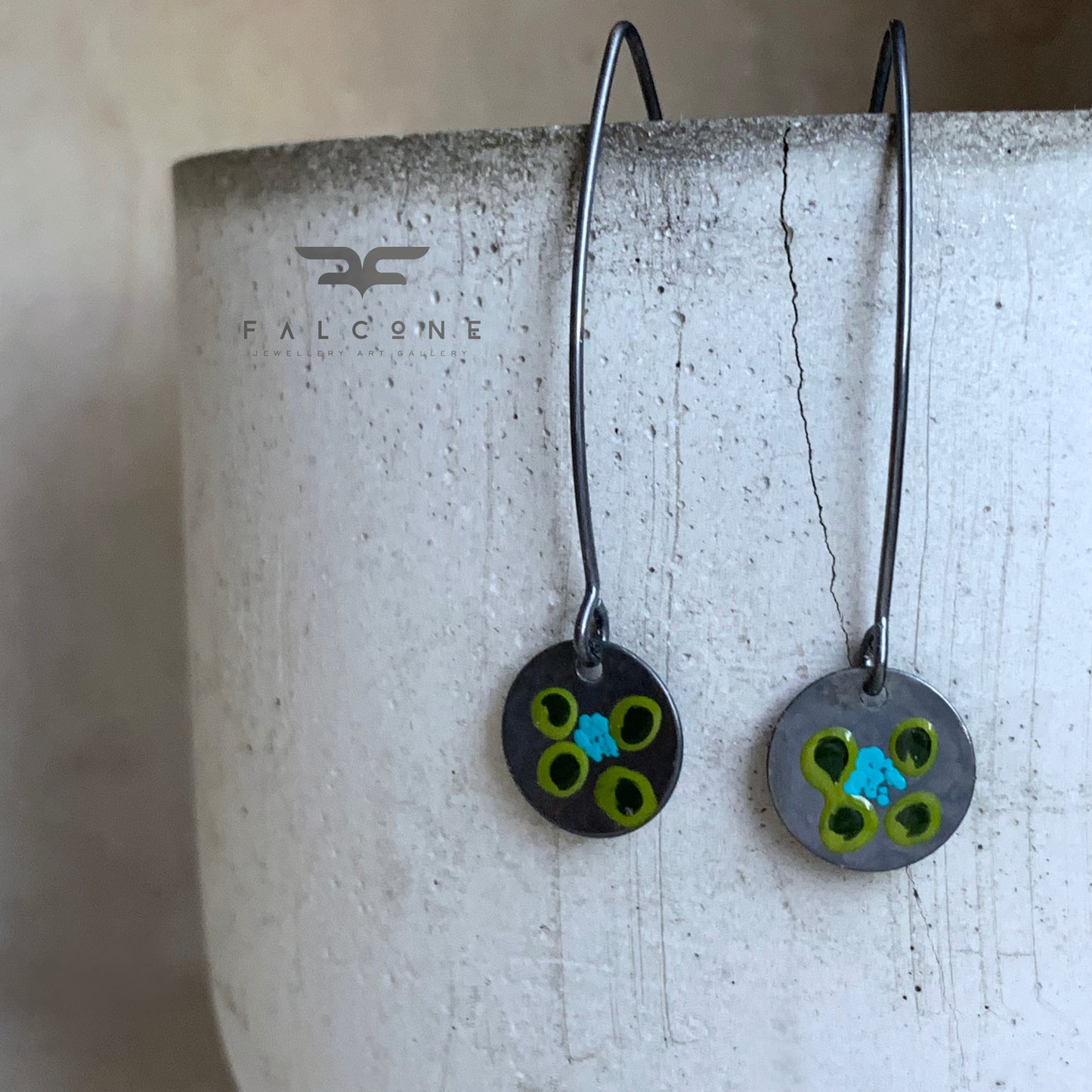 Pendientes de plata de ley con esmalte 'Flores silvestres - verde y turquesa'