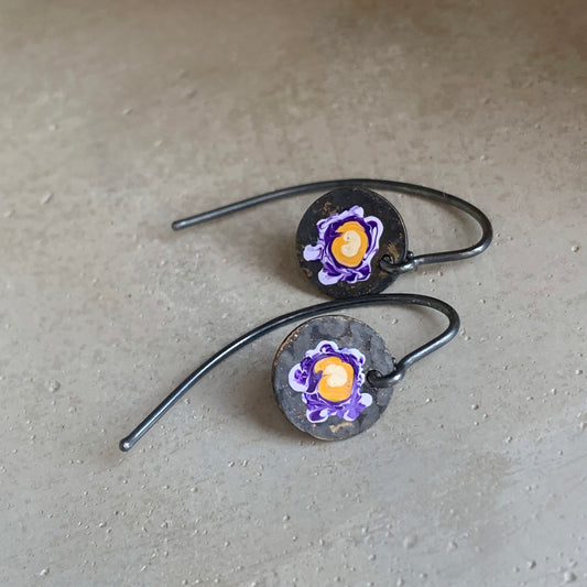 Brass and Sterling Silver Earrings 'Wildflowers - Purple & Ochre'