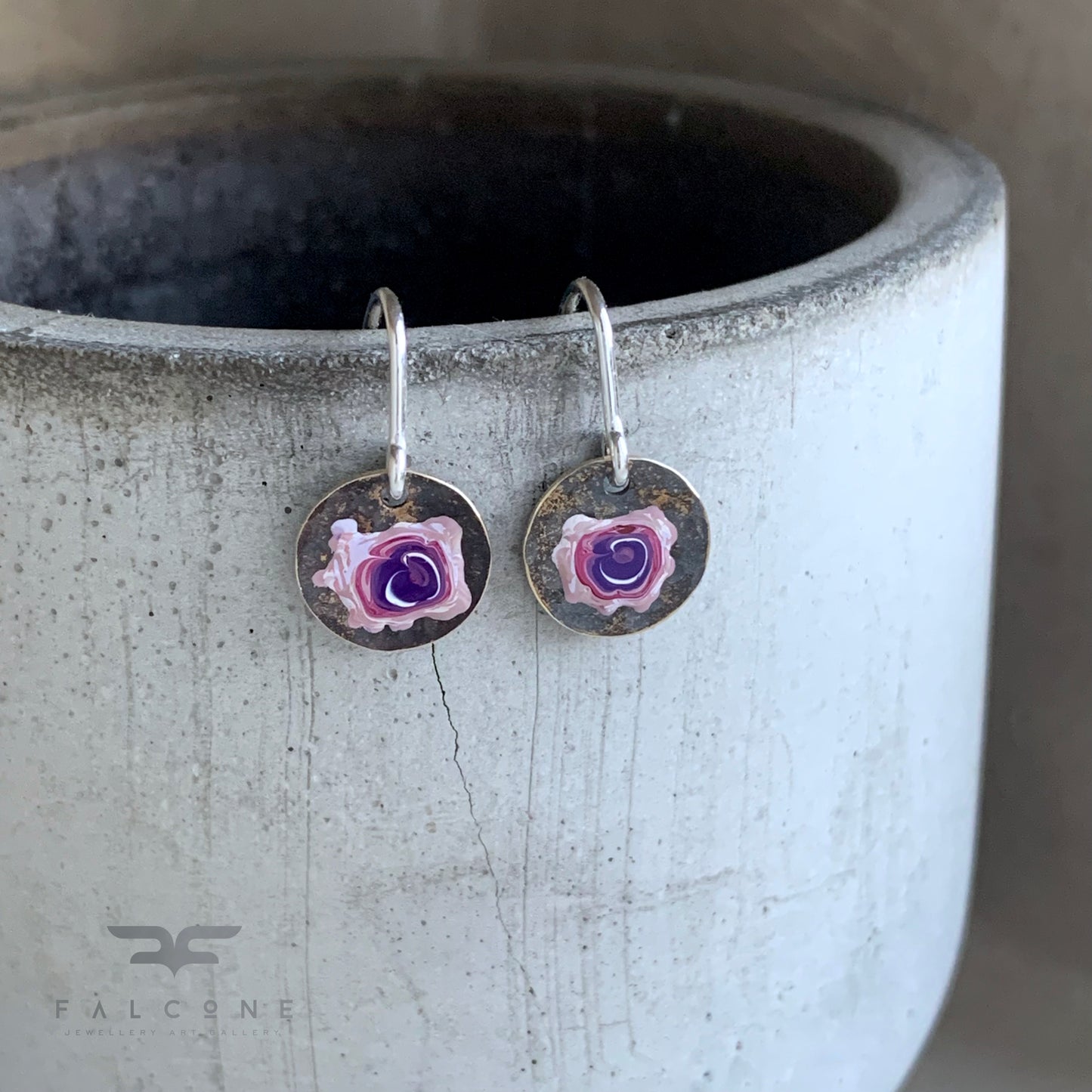 Brass and Sterling Silver Earrings 'Field Flowers - Rose with White & Purple'
