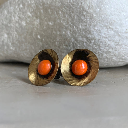 Brass, Sterling Silver and Glass Earrings 'Spinning Orange'