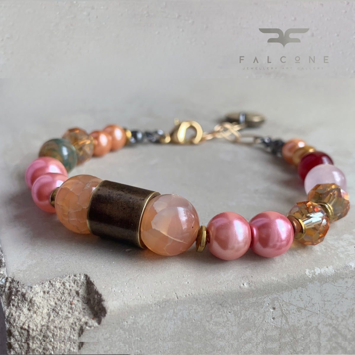 Agate, Jade, Glass Pearl and Brass Bracelet 'Rose Garden'