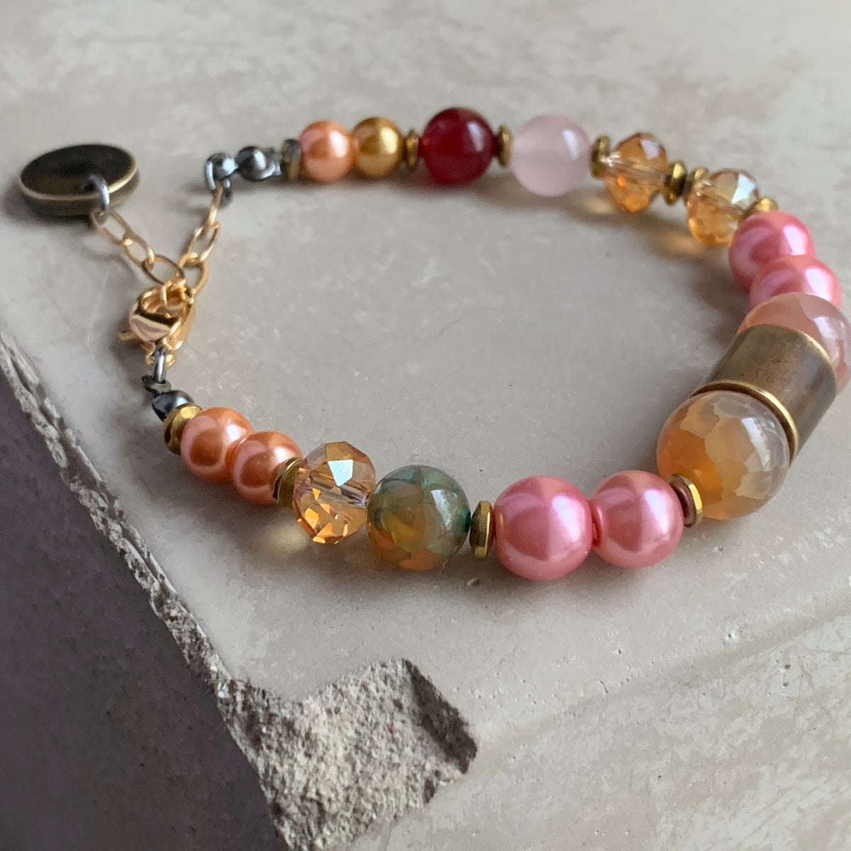Agate, Jade, Glass Pearl and Brass Bracelet 'Rose Garden'