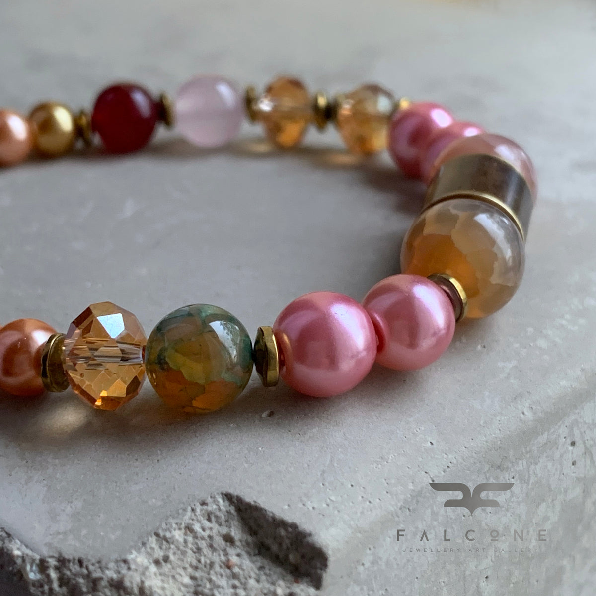 Agate, Jade, Glass Pearl and Brass Bracelet 'Rose Garden'